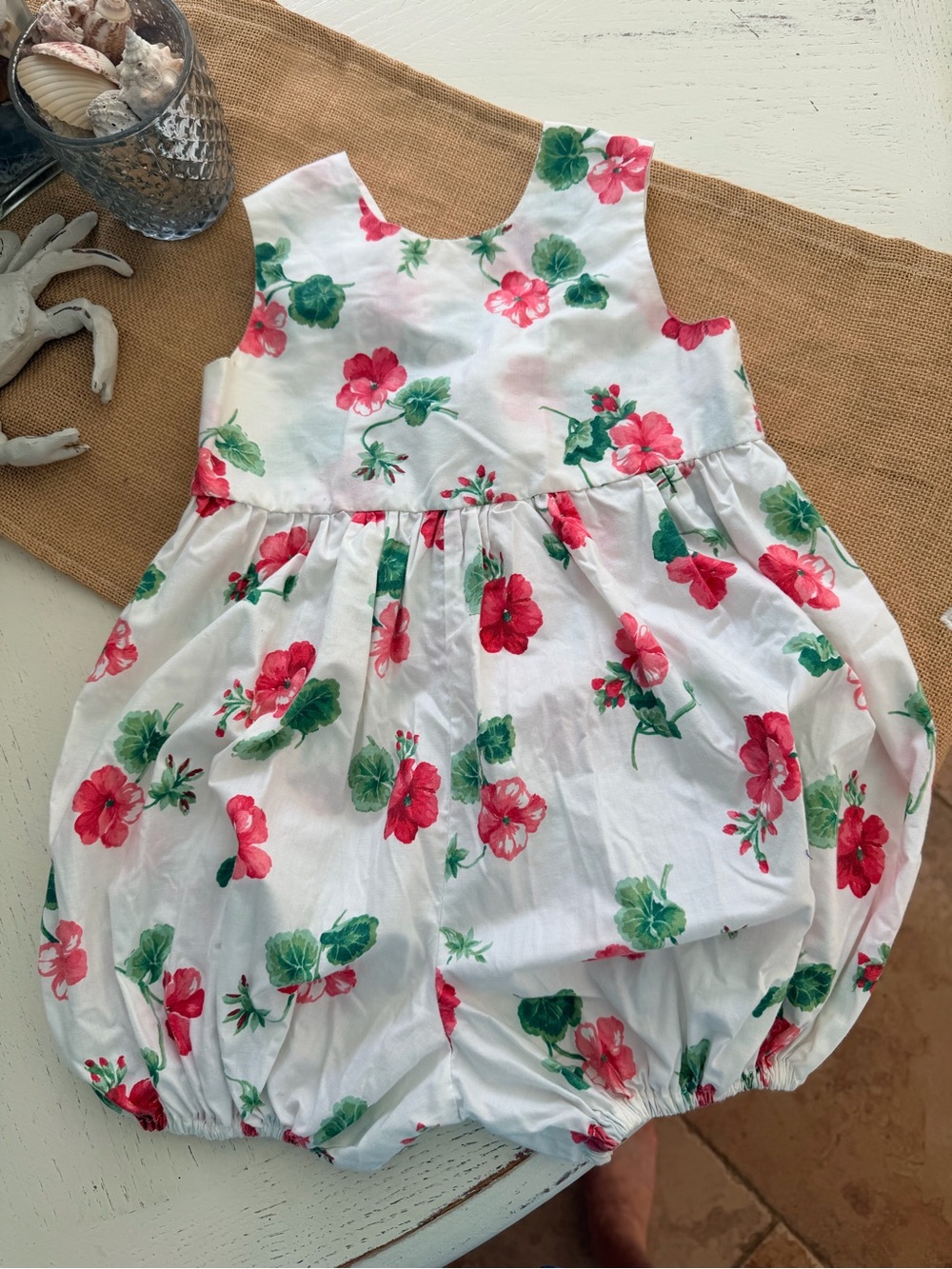 White Baby Floral Bubble Romper with Red & Green Flowers
